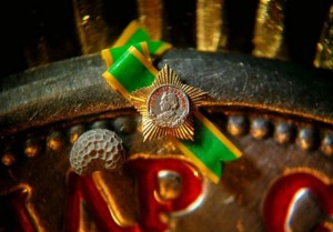 Точная копия ордена Суворова второй степени выполнена из золота и олова. Высота ордена 2 мм. Рядом для сравнения располагается маковое зернышко.